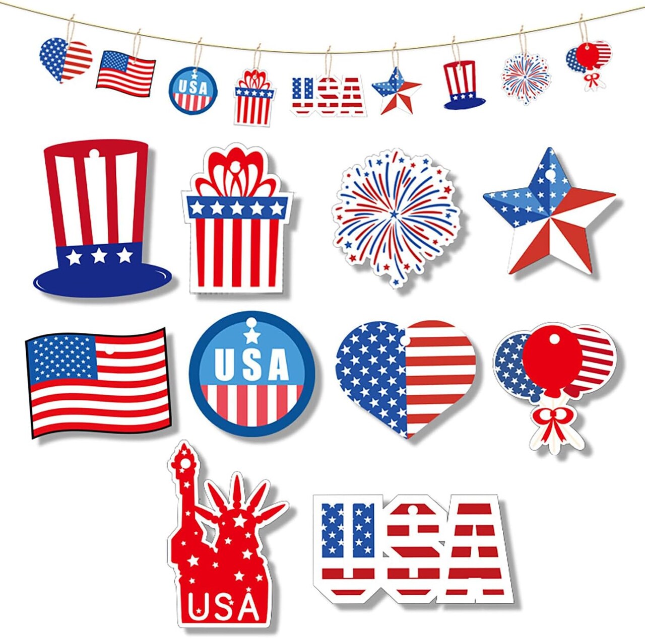 10Pcs Independence Day Hanging Ornaments American Flag Hanging Decoration 4th of July Tree Decorations Red White Blue Heart Balloon Star Ornament Memorial Day Star Pendant for Holiday Party Supplies